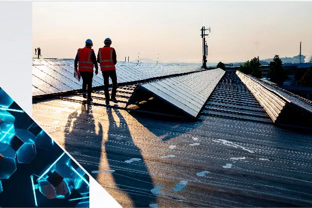 Composite photo of people inspecting solar panels and an abstract design of lines